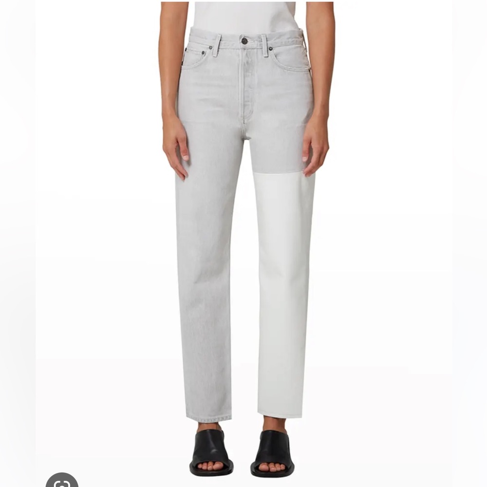 NWT AGOLDE Pieced 90s Organic Cotton Denim and Leather Jeans White and Grey